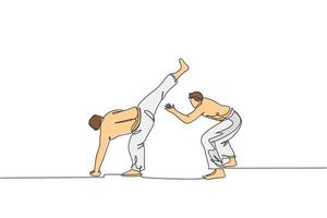 One continuous line drawing of two young sporty Brazilian fighter men training capoeira on the beach. Healthy traditional fighting sport concept. Dynamic single line draw design vector illustration