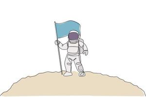 un dibujo de una sola línea del astronauta del hombre espacial explorando la superficie lunar y plantando la bandera para marcarla ilustración vectorial. concepto de ficción de vida de espacio exterior de fantasía. diseño moderno de dibujo de línea continua vector