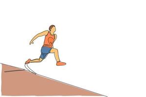 One single line drawing of young sporty man exercise running before long jump into sand pool vector illustration. Healthy athletic sport concept. Competition event. Modern continuous line draw design