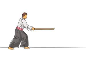 Un luchador de aikido de hombre de dibujo de línea continua practica la pose de lucha con una espada de madera en el centro de entrenamiento del dojo. concepto de deporte de artes marciales. Ilustración de vector de diseño gráfico de dibujo de línea única dinámica