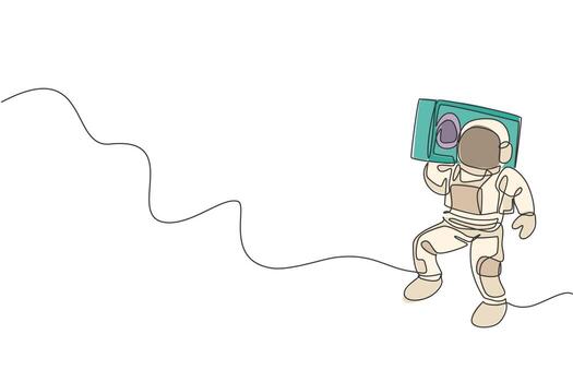 un astronauta de dibujo de línea continua con traje espacial tocando la radio en el hombro en el universo de la galaxia. Concierto de música del espacio exterior y concepto de orquesta. Ilustración de vector gráfico de diseño de dibujo de una sola línea