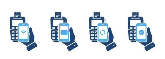 proceso de pago en terminal por conjunto de iconos de silueta de teléfono móvil. pictograma de procesamiento bancario pos y smartphone. compruebe el icono de la tecnología nfc de la transacción de pago sin efectivo. ilustración vectorial aislada. vector