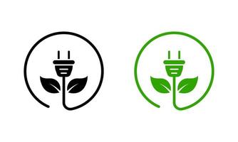 Electric Plug Green Energy Silhouette Icon Color Set. Eco Electricity Power with Leaf. Renewable Ecology Sustainable Technology Symbol Collection on White Background. Isolated Vector Illustration.