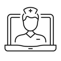 Online Medical Service in Laptop Line Icon. Telemedicine Healthcare Outline Symbol. Physician Consultation. Remote Virtual Doctor Man Linear Pictogram. Editable Stroke. Isolated Vector Illustration.