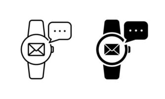 Message on Smart Watch Silhouette and Line Icon Set. Smartwatch Notification Pictogram. Communication Mail Envelope Icon on Tracker. Modern Sport Gadget. Editable Stroke. Isolated Vector Illustration.