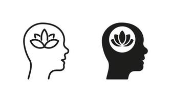 Lotus in Human Brain Wellbeing Concept Silhouette and Line Icon Set. Peace, Mental Healthy Wellness Pictogram. Meditation Yoga Symbol. Nature Flower. Editable Stroke. Isolated Vector Illustration.