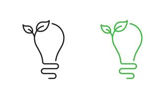 Ecology Lamp with Leaf Environment Conservation Line Icon Color Set. Ecological Low-Energy Lightbulb Pictogram. Light Bulb Eco Electricity Symbols on White Background. Isolated Vector Illustration.