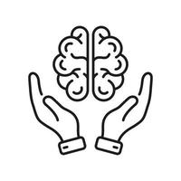 Human Brain in Areal View with Hands Line Icon. Education, Logic, Analysis, Memory, Mind Concept Outline Icon. Neurology, Psychology Pictogram. Editable Stroke. Isolated Vector Illustration.
