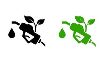 Ecology Gas Station Silhouette Icon Set. Petroleum Energy Pump. Eco Friendly Oil Gas Industry Pictogram. Fuel Nozzle Holder Eco Power with Leaf for Transportation Sign. Isolated Vector Illustration.
