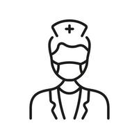 Dental Doctor in Face Mask Linear Pictogram. Physician Specialist, Orthodontist, Endodontist Outline Symbol. Dentist Man Line Icon. Dental Surgeon Sign. Editable Stroke. Isolated Vector Illustration.