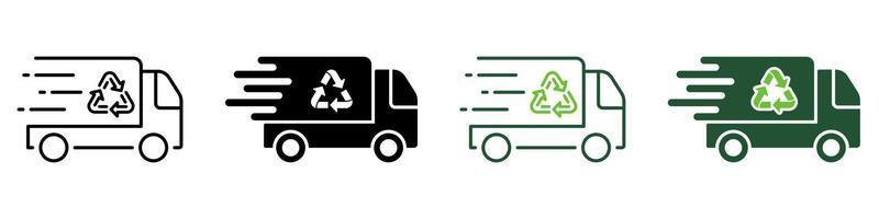 Fast Garbage Truck with Recycle Line and Silhouette Icon Set. Vehicle Transport for Waste. Ecology Trash Transportation Service Symbol Collection on White Background. Isolated Vector Illustration.