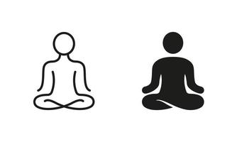 yoga posición silueta y línea icono colocar. meditar relajarse pictograma. espiritual chakra zen icono. calma aura galaxia serenidad y salud cuerpo. editable ataque. aislado vector ilustración.