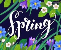 Spring text on floral background. Calligraphic Lettering. Vector illustration.