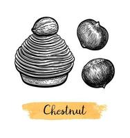 Mont Blanc dessert with chestnuts. French pastry. Hand drawn vector illustration. Retro style.