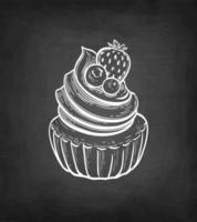 Rum baba. Dessert with whipped cream and fresh fruit. Chalk sketch on blackboard background. Hand drawn vector illustration. Retro style.