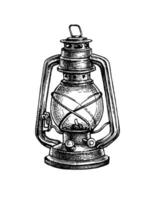 Kerosene lamp. Vintage oil lantern. Ink sketch isolated on white background. Hand drawn vector illustration. Retro style.