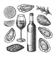 Wine and oysters with lemon and rosemary. Bottle and glass. Ink sketch set isolated on white background. Hand drawn vector illustration. Retro style.