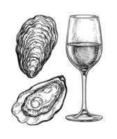 Glass of white wine and oysters. Ink sketch isolated on white background. Hand drawn vector illustration. Retro style.