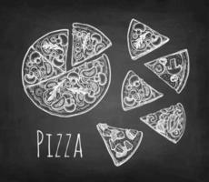 Pizza big set. Chalk sketch on blackboard background. Hand drawn vector illustration. Retro style.