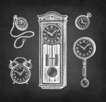 Vintage clock set. Chalk sketch on blackboard background. Hand drawn vector illustration. Retro style.