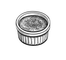 Creme brulee. Ink sketch isolated on white background. Hand drawn vector illustration. Retro style.