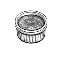 Creme brulee. Ink sketch isolated on white background. Hand drawn vector illustration. Retro style.