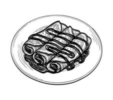 French crepes with chocolate cream filling. Ink sketch isolated on white background. Hand drawn vector illustration. Retro style.