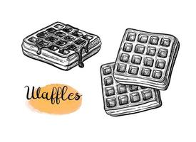 Ink sketch of waffle with syrup topping. Ink sketch isolated on white background. Hand drawn vector illustration. Retro style.