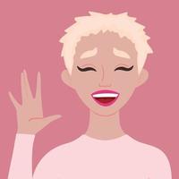 Happy laughing young blonde woman. Says Hello. Smiling. Flat style. Female. Laugh vector