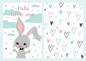 Hello little one greeting card with two sides. For baby shower and congratulations on the birth of a baby. Handwriting. Cute bunny with clouds and stars. Back side with hearts and stars on white vector