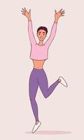 Illustration of a happy jumping woman. Raised hands and bent leg. Smiling girl. Sports. Doodle design. Hand drawn. Vector art