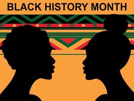 Black history month. Woman and man silhouettes with geometric pattern in green, yellow and red colors. African American History. Celebrated annual.