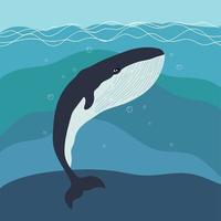 A whale in waves. Ocean theme. Simple marine art in flat style. Hand drawn artwork. vector