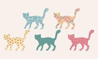 Set of outline cats with different patterns. Simple cat silhouette. Pattern collection. vector