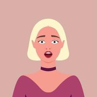 Young blonde woman scared. Frightened. Fear. Human emotions. Female. Avatar. Portrait. Flat style vector