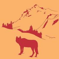 Wolf looking at mountains and forest. Hand drawn art in graphic style. Sketch of a wild nature. Animal and nature. Vector art