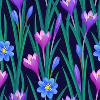 Floral seamless pattern with crocuses. Vector illustration of grass and flowers. Spring and summer background.