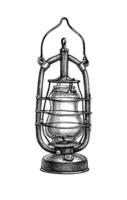 Kerosene lamp. Vintage oil lantern. Ink sketch isolated on white background. Hand drawn vector illustration. Retro style.