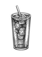 Soda glass with ice and drinking straw. Ink sketch of cola isolated on white background. Hand drawn vector illustration. Retro style.