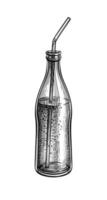 Soda bottle with drinking straw. Ink sketch of cola isolated on white background. Hand drawn vector illustration. Retro style.