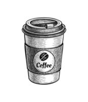 Coffee to go. Paper cup with label. Ink sketch isolated on white background. Hand drawn vector illustration. Retro style.