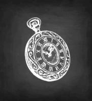 Vintage pocket watch with ornament. Chalk sketch on blackboard background. Hand drawn vector illustration. Retro style.