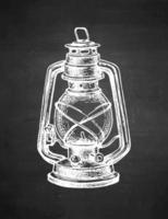 Kerosene lamp. Vintage oil lantern. Chalk sketch on blackboard background. Hand drawn vector illustration. Retro style.