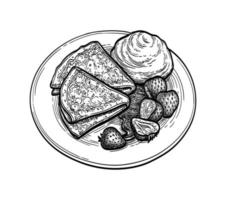 French crepes with sour cream, strawberries and syrup. Ink sketch isolated on white background. Hand drawn vector illustration. Retro style.