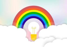 Rainbow and Light of idea with soft white Clouds, with space for text, kids and family love concept banner design, Vector Illustration