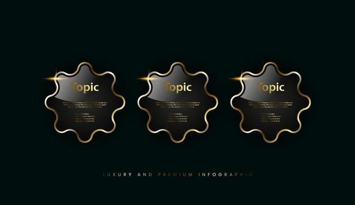 Group of luxury gold elements, three buttons set, symbol, Golden button and premium banner on dark background