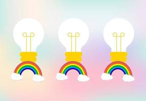Tres luces de idea y vistoso arco iris con suave blanco nubes, con espacio para texto diseño vector