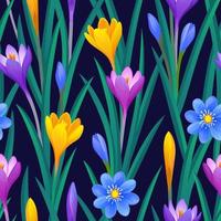 Floral seamless pattern with crocuses. Vector illustration of grass and flowers. Spring and summer background.