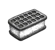 Ice cream sandwich with chocolate waffles. Ink sketch isolated on white background. Hand drawn vector illustration. Retro style.