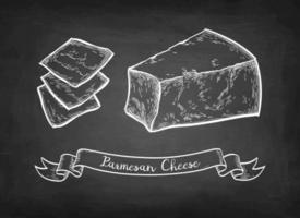 Parmesan cheese block and slices. Chalk sketch on blackboard background. Hand drawn vector illustration. Vintage style stroke drawing.